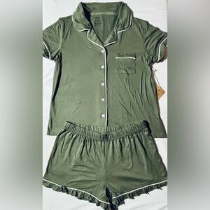 BORN Modal Pajama Short + Button Down Top Women's Medium Olive Green NWT